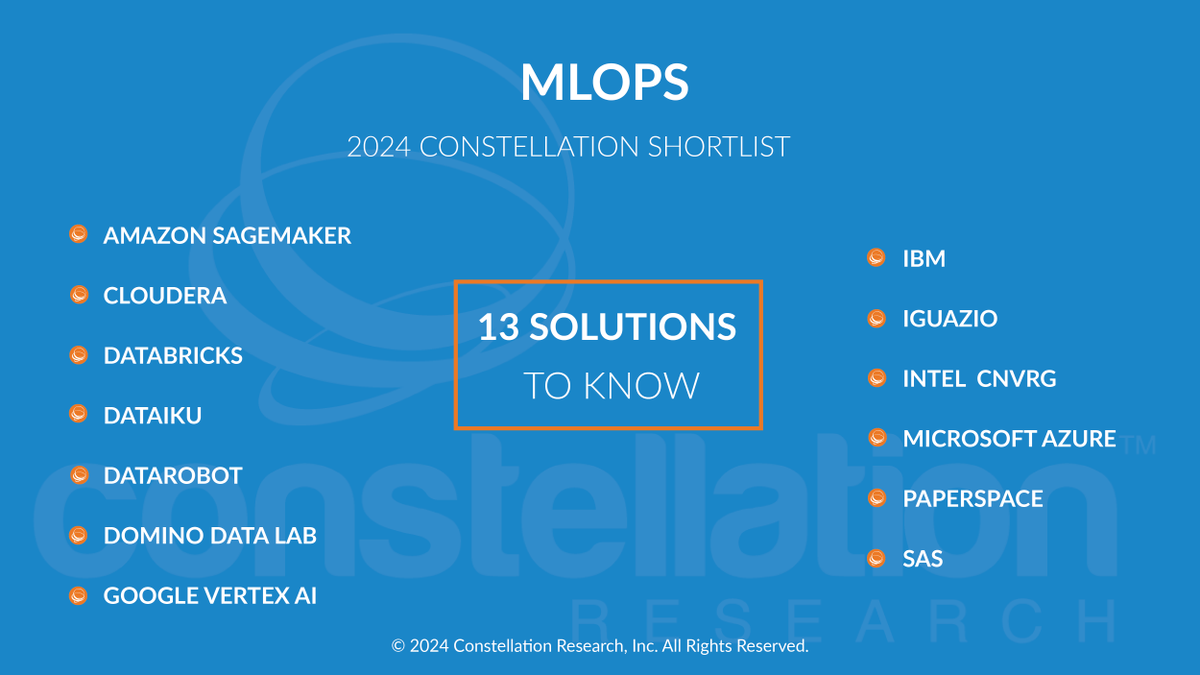 Congrats to the companies listed on the Constellation ShortList for MlOps by @AndyThurai bit.ly/49bLz33 @awscloud @cloudera @databricks @dataiku @DataRobot @DominoDataLab @google @IBM @iguazio @Intel @Azure @HelloPaperspace @SASsoftware