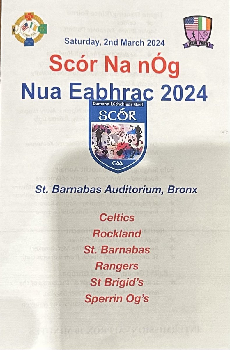 Best wishes today Scór na nÓg Nua Eabhrac. Go n-éirí libh!