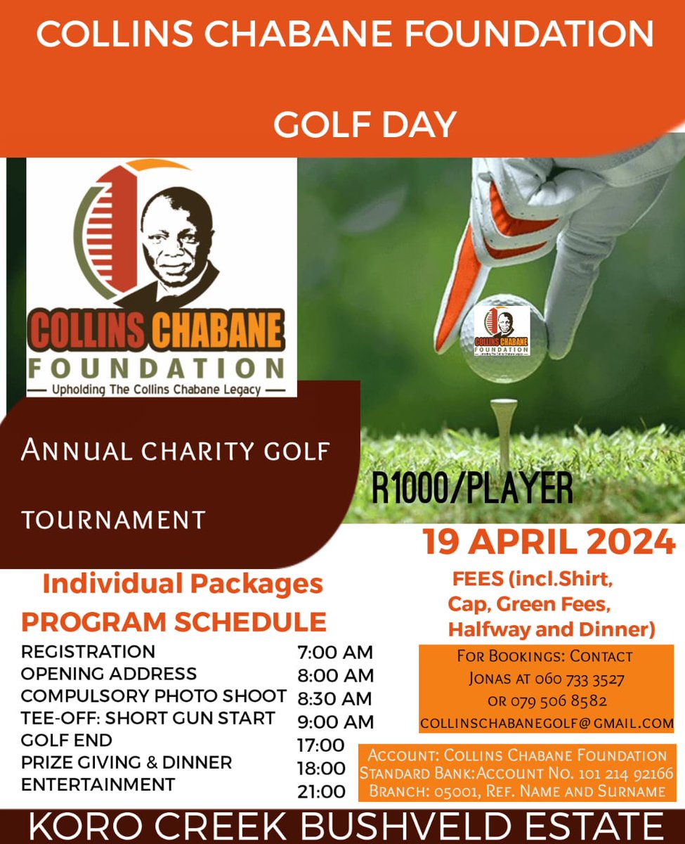 As we continue to uphold The Collins Chabane Legacy, our success last year gives us more energy to do more. Join us at <a href="/korocreek/">Koro Creek Bushveld Golf Estate</a> on the 19th April 2024 as we Fundraise for the once who need us the most, the vulnerable. <a href="/MathebulaJoe/">Joe Mathebula</a> <a href="/speaker_speaks/">Speaker Speaks</a> <a href="/_cosatu/">@COSATU Today</a> <a href="/RealKingChauke/">King Chauke</a>