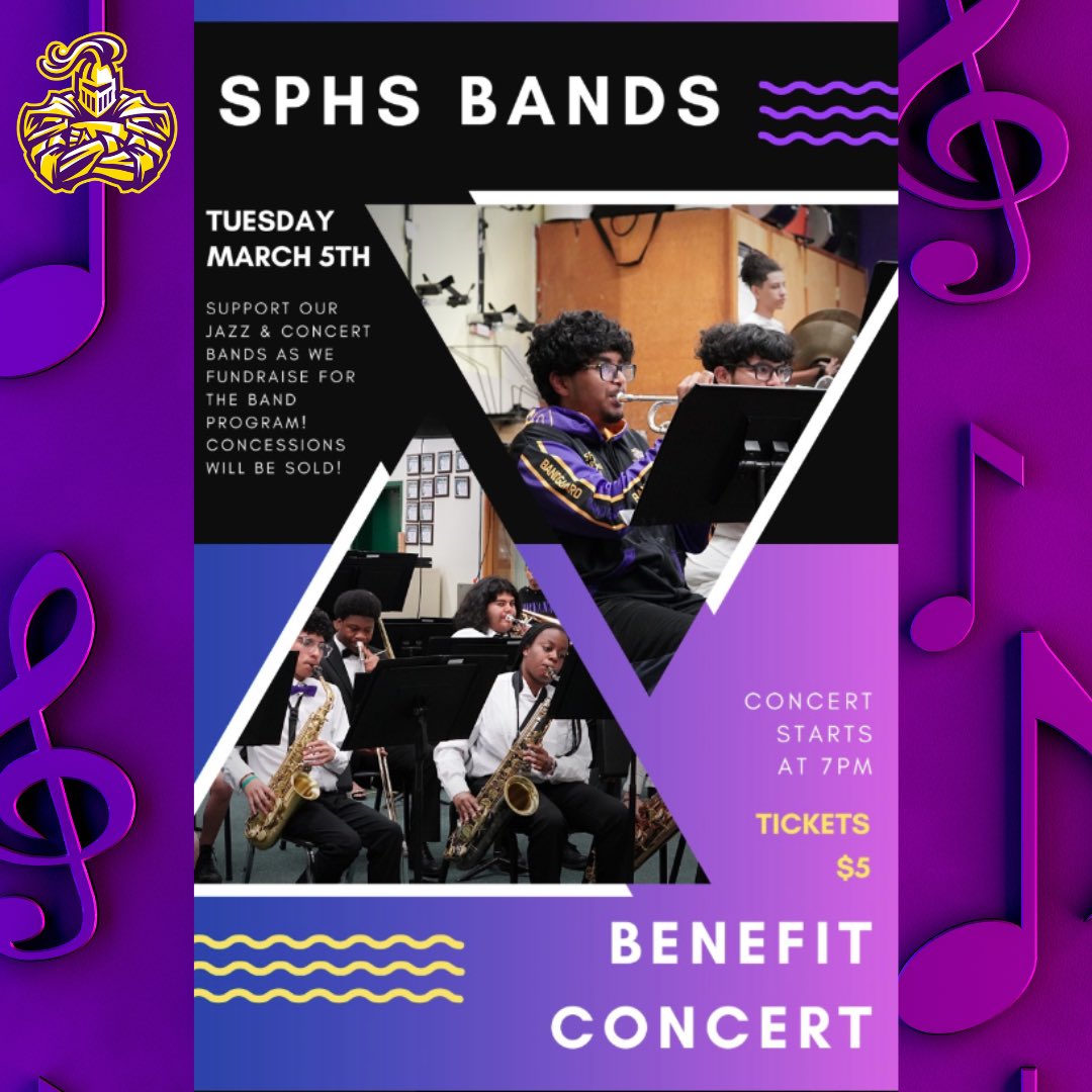 SPHSBandBooster's tweet photo. Please come out on March 5th to support the Jazz &amp; Concert Bands for our SPHS Band Program! We’ll see you there! 🎉🎉🎉 https://t.co/2GXmk3IKXE