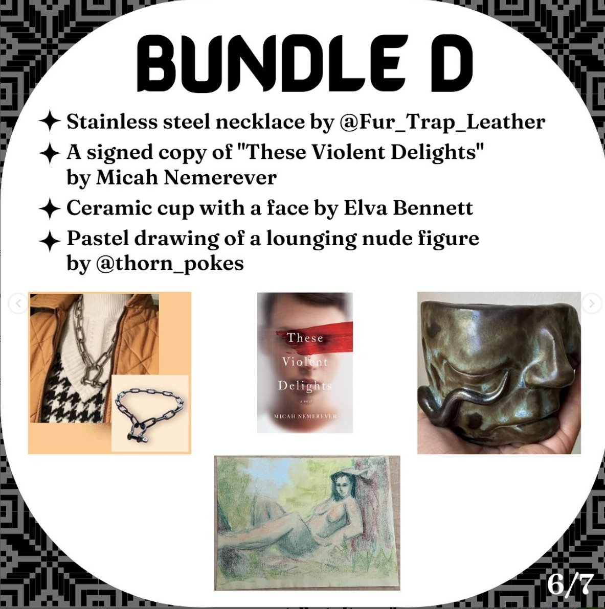 raffle items, which were donated by artists, writers (including signed novels by @ryfkah & @MicahNemerever!), and other creative folks, are in four “bundles”. bundle c includes items only accessible in seattle, but the other bundles are open to anyone with a u.s. mailing address