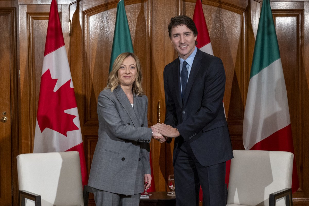 Italy's Prime Minister Giorgia Meloni meets Canada's Prime Minister Justin Trudeau at the Fairmont Royal York Hotel in Toronto, Ontario, Canada March 2, 2024. Photos for @Reuters