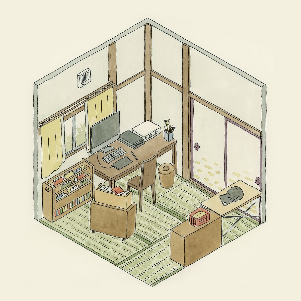 「1年半前くらいに描いた作業部屋。築50年越えの小さな借家の四畳半。今は、猫がいる」|こんどう しずのイラスト