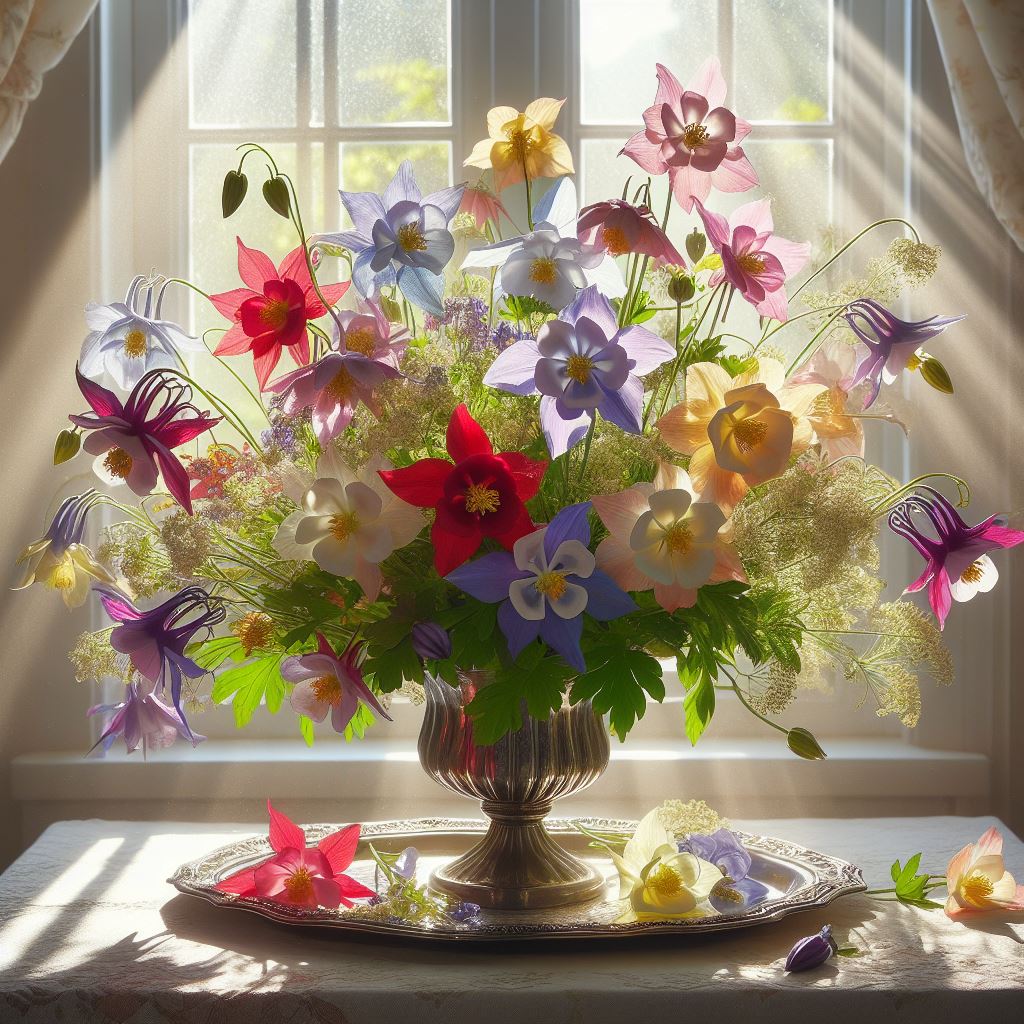 #FlowerArrangement: #Aquilegia (#オダマキ) in vase. #MSBingImageCreator #東京AI祭 #SOZO美術館
