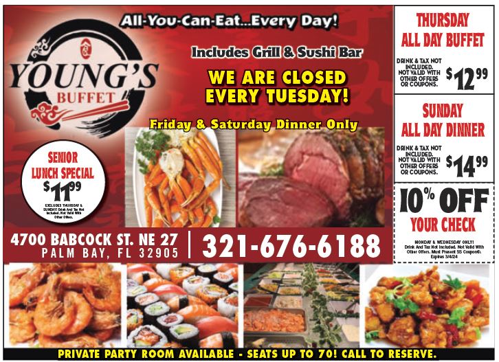Young's Buffet- All You Can Eat, Every Day! #Chinese, Sushi and Grill. 4700 Babcock St. Palm Bay #YoungsBuffet #Chinese #AYCE #OpenNow #CallNow #SavingsSafari #Advertising #Marketing #Media #DirectGraphix #Coupons #Deals #Savings
