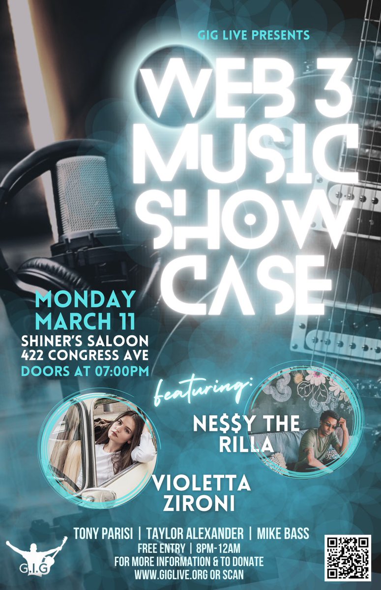 🎼Day 6 of posting a different flyer for @giglivemusic’s Web3 Music showcase every day until the event! 3/11/24 - ATX | doors @ 7pm Shiners Saloon 422 Congress Ave (3 blocks from convention center) Performances by: @ZironiVioletta @NessyTheRilla @mikebassmusic @auradeluxe…
