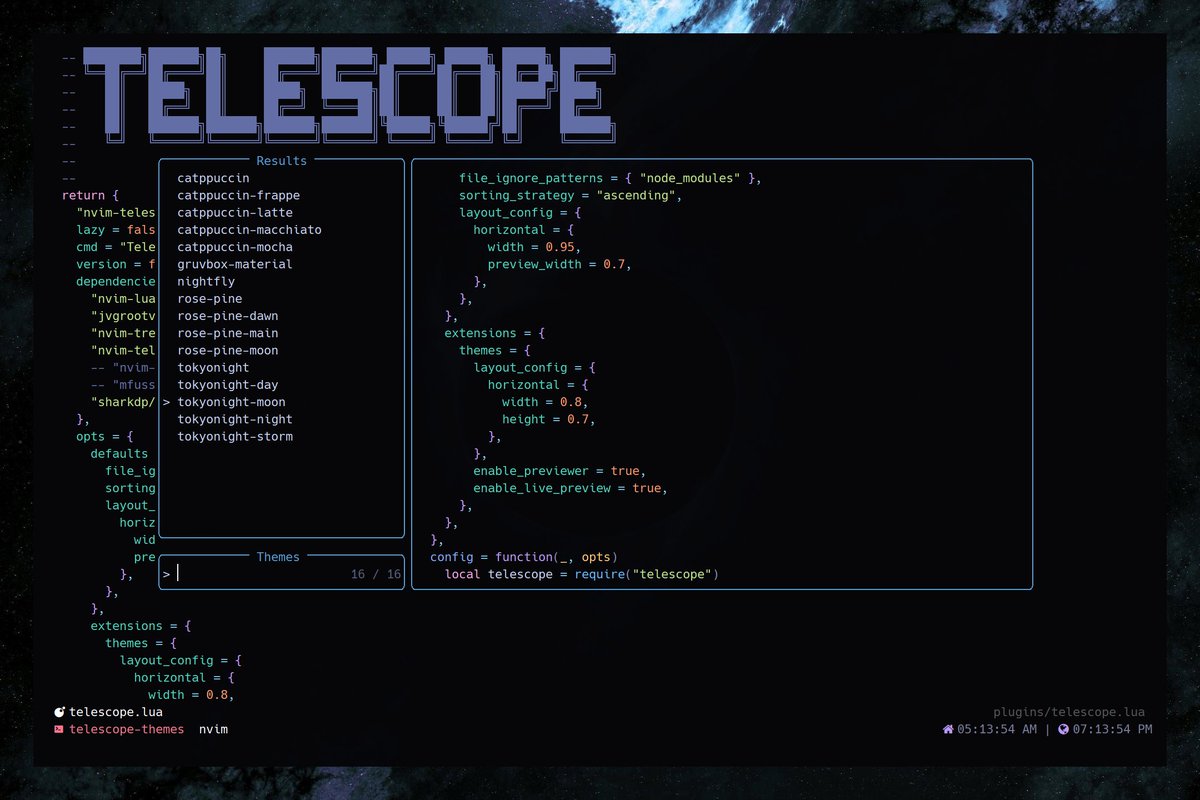 andreasberty's tweet photo. Telescope themes is now configurable! 🎨

It is now supporting configurations. It accepts any telescope option in addition to custom extension opts.

You can find it at Github
https://t.co/stoxipuGgw

Let me know what you think, and what options you would like to see next! https://t.co/YVkng4KGem
