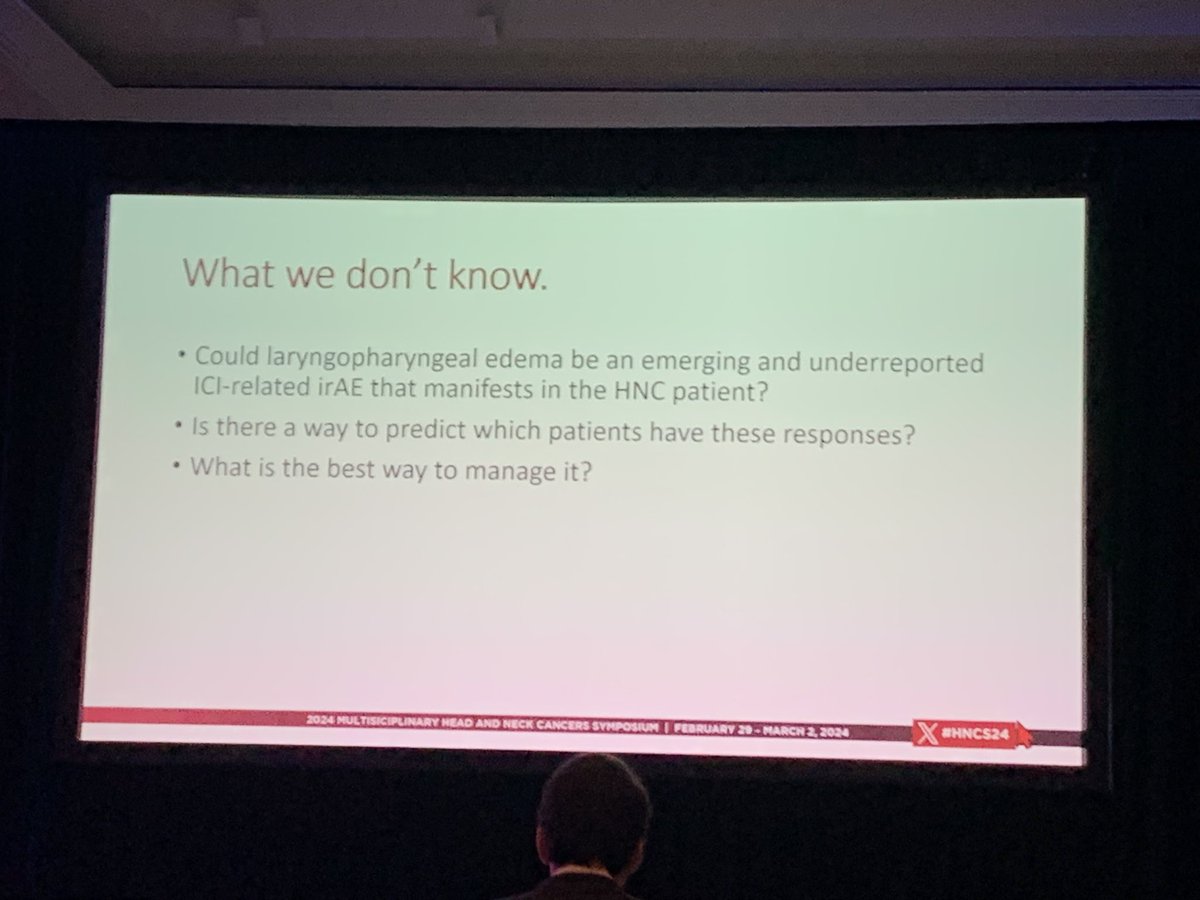 Wrapping up this session at #HNCS24: management of dysphagia

🔘IO > late larynx/pharynx edema (worse than chemoRT alone)❗️
🔘Tx: steroids but best management unknown

Big❓: will this late IO dysphagia impact outcomes of HN005 🤔