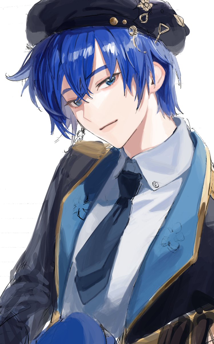 kaito (vocaloid) 1boy male focus blue hair blue eyes solo necktie hat  illustration images