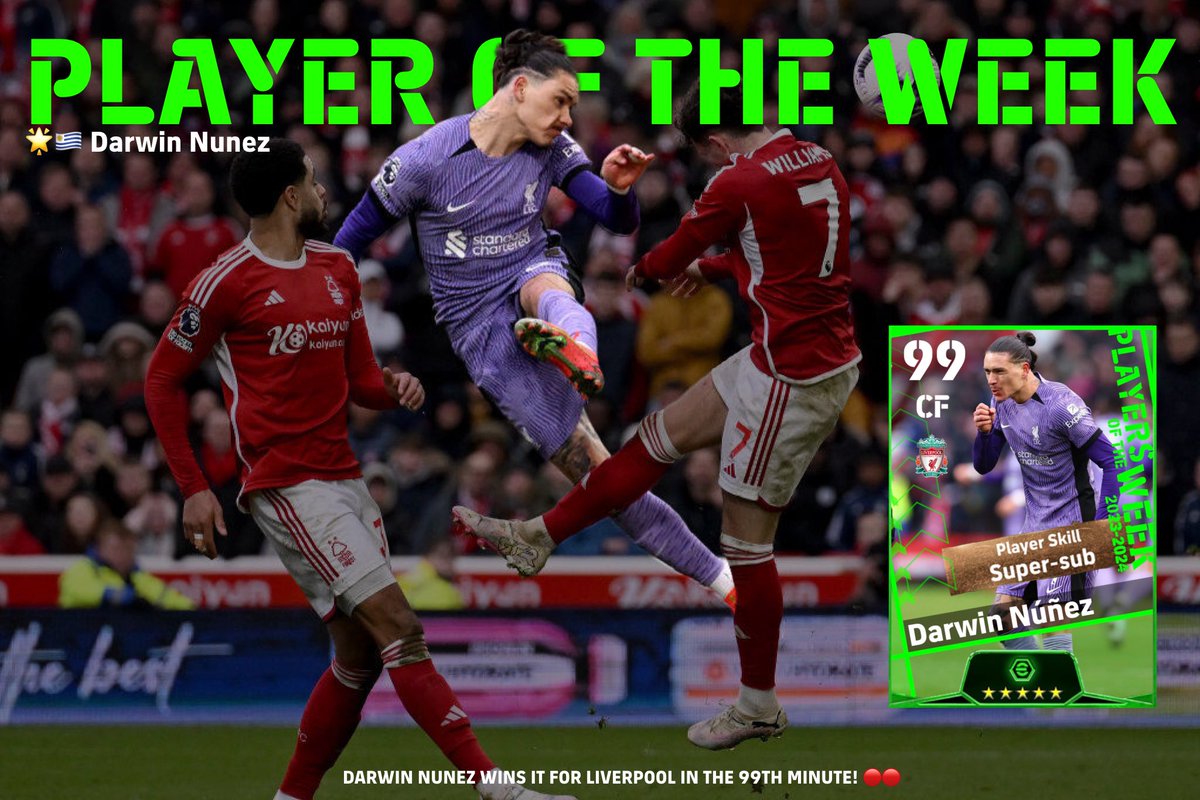 POTW Booster : 

Welcome back, Darwin Nunez. 🥶🐐 🇺🇾

#LiverpoolFC | #eFootball | #PL | #NFOLIV