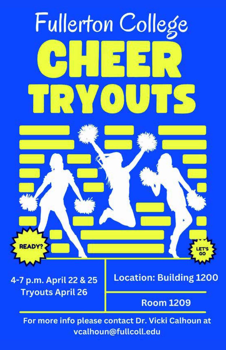 The Fullerton College Spirit Squad will be holding tryouts April 22, 25, and 26. #SwarmCity #CHEER
