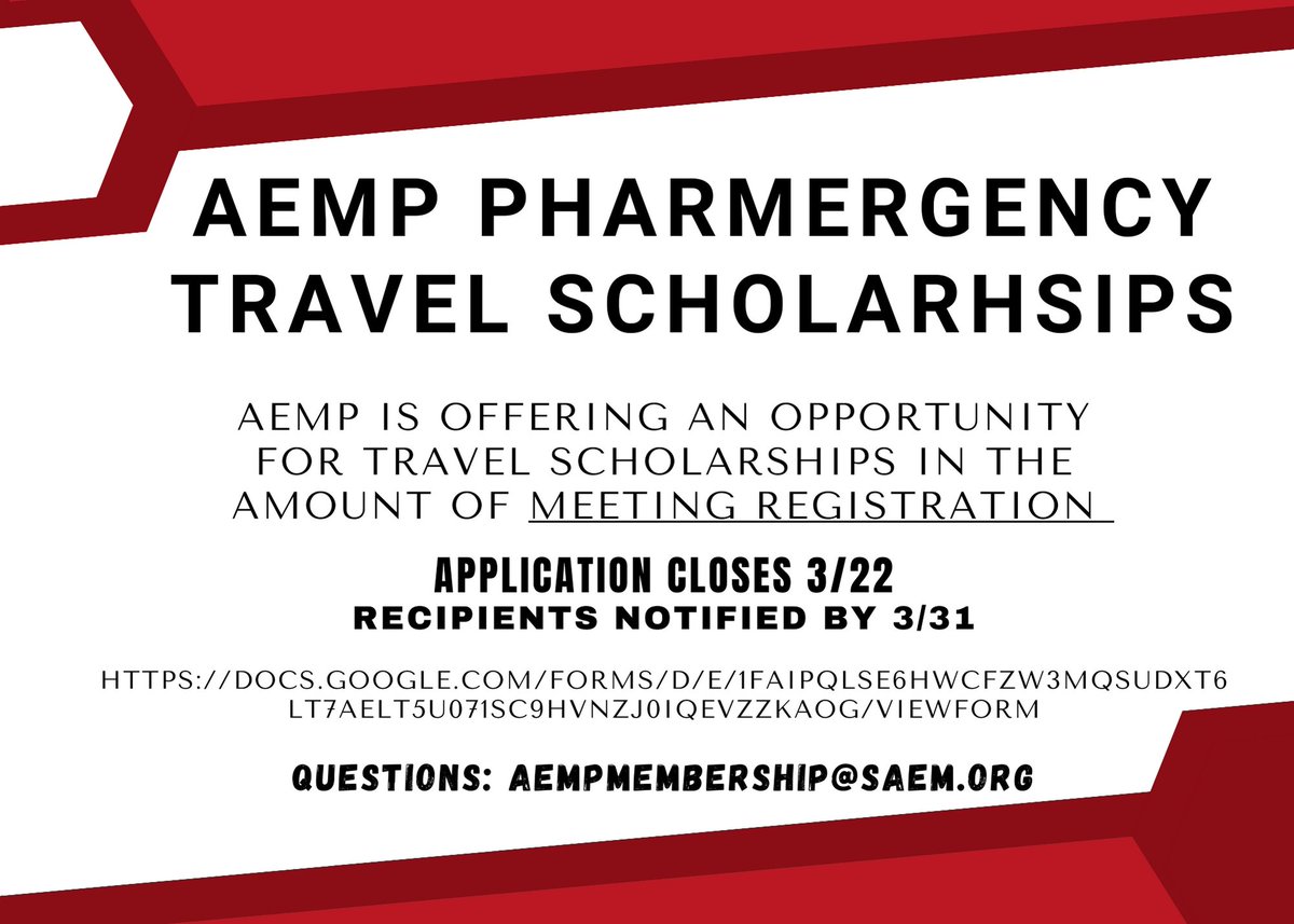 Want to attend AEMP PharmERgency Conference but funding is an issue? Check out this opportunity for a travel scholarship in the amount of meeting registration. docs.google.com/forms/d/e/1FAI… #EMRx #TwitteRx #AEMP <a href="/SAEMonline/">SAEM</a> <a href="/MeganARech/">Megan Rech, PharmD, MS</a> <a href="/LRayRx/">Lance Ray</a> <a href="/EmergPharm/">Kyle DeWitt</a> @CBthePHARMD