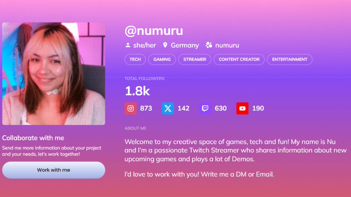 🌷March🌿
My name is Nu and I'm a content creator and variety streamer on Twitch (Demo, Sandbox, Survival, Puzzle, Exploration)

▸ I'm looking to work with more companies and Indie video games publisher this month! 

▼ Find my Mediakit right here