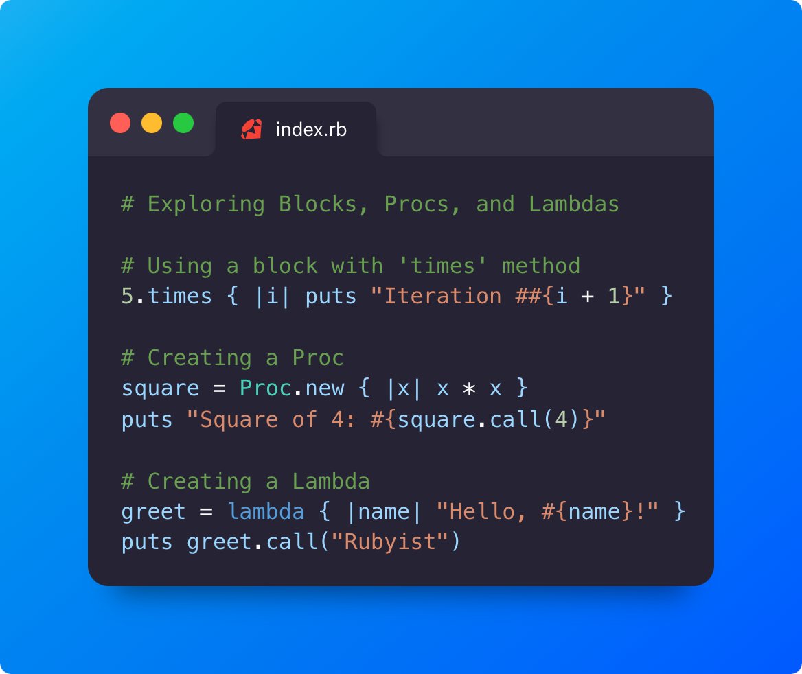 0xRajat's tweet image. Day 4 of #100DaysOfRuby: It&apos;s a Block Party! 🎉

Blocks are anonymous functions often used for iteration. 

Procs and lambdas are objects that encapsulate blocks, allowing for greater flexibility. 

👇 Let&apos;s get the party started: