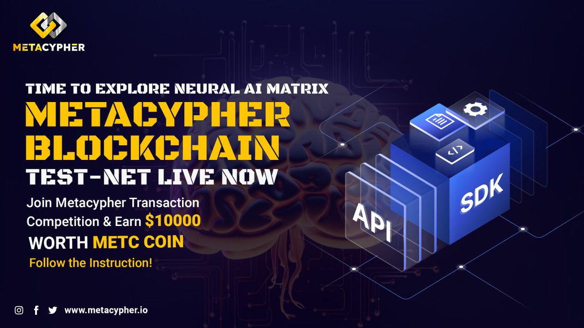 🚀 Exciting news! 🔥 The #Metacypher Blockchain Test-net is LIVE! Get Your FREE #METC #coins for testing! Follow @metacypher_io, Like, Retweet, Tag 3 friends, and subscribe to our Telegram Channel t.me/MetacypherAnno… to claim yours now! #MetcCoins