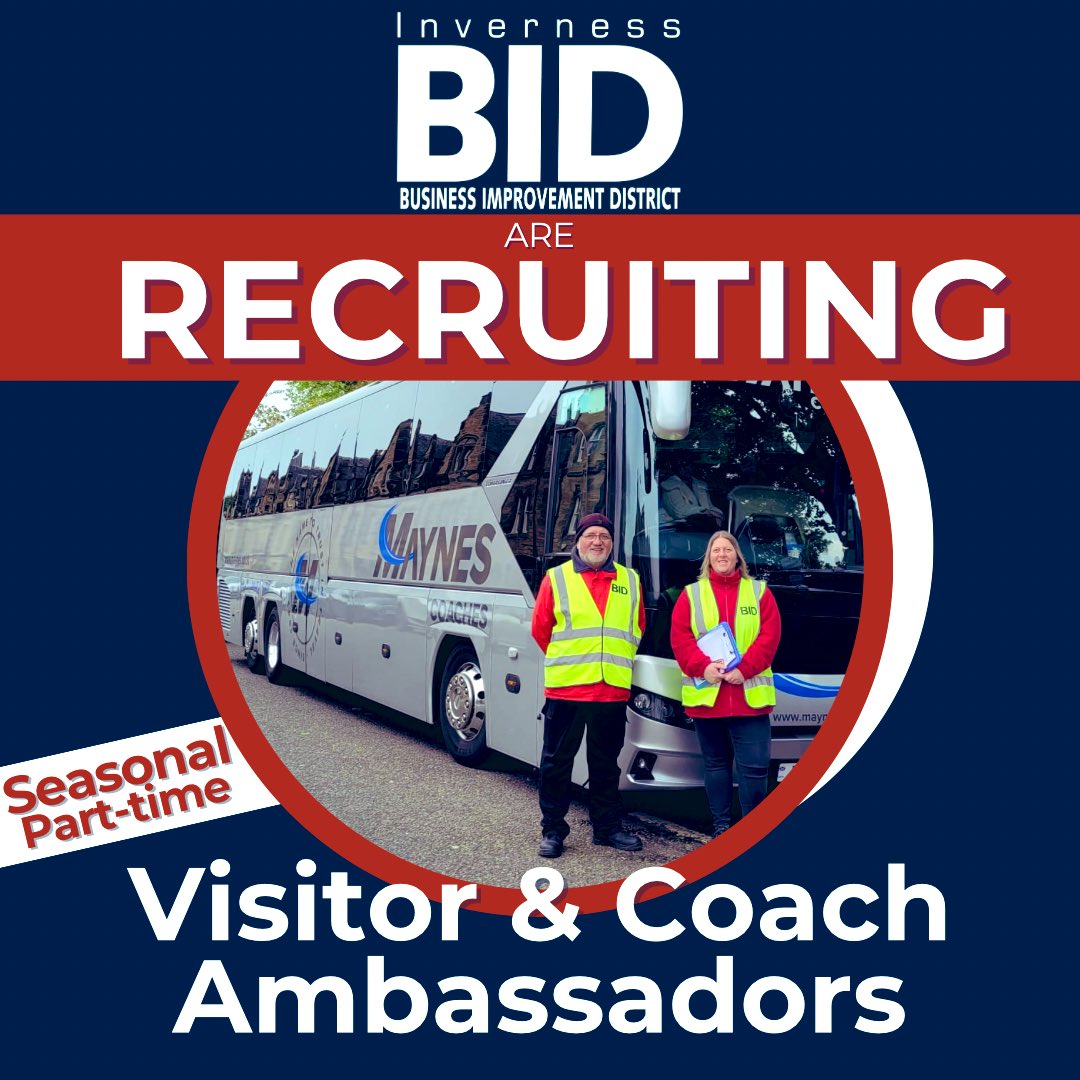 Bid are recruiting for 2 x part-time Visitor &amp; Coach Ambassadors for the summer season! The job description and application form can be found on our website: 
invernessbid.co.uk/we-are-recruit…
Or you can pick up from our office at 17 Queensgate, IV1 1DF during normal office hours.