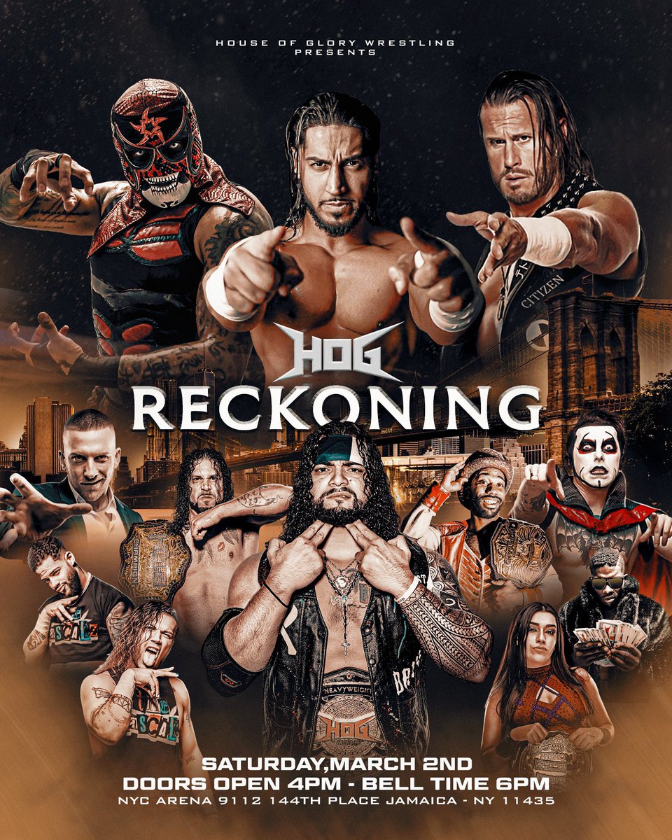 HOGwrestling's tweet image. ⏳5 Hours Away⏳
#Reckoning 
NYC Arena

@Santana_Proud vs @PENTAELZEROM 
@MustafaAli_X vs @AlexShelley313 
@TheTreyMiguel @ZacharyWentz vs @cashflowkb @jboujii 
@CharlesMas0n vs @RingmasterMidas 
Carlos Ramirez vs @lanceanoai 
@DanhausenAD vs @joey_silver 
Ultra Violette &amp;amp;…