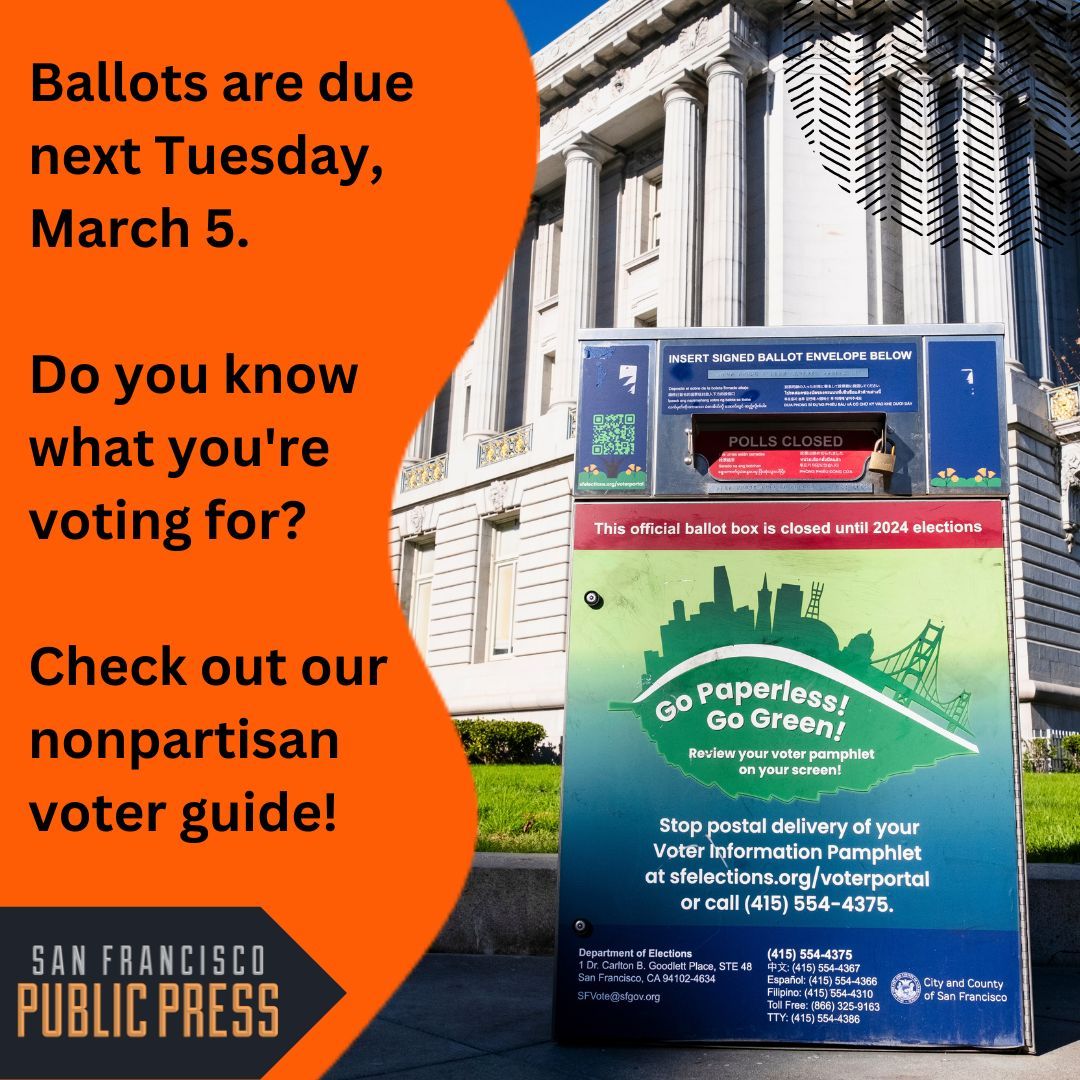 🗳️ It's the last weekend before ballots are due! 🎧 3 podcasts about Proposition F, Superior Court judges and party county central committees 📝 Ballot summaries and candidate bios 🔊 Ballot summaries and candidate responses to community concerns sfpublicpress.org/march-2024-sf-…