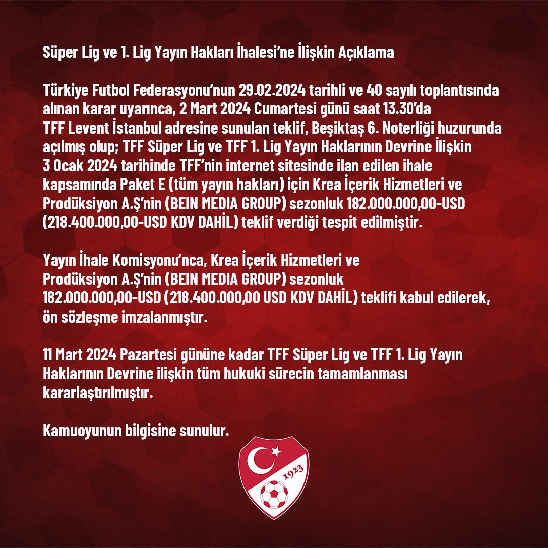 beIN SPORTS, Süper Lig ve 1. Lig'in yayıncısı olmaya devam edecek.

Yıllık ücret: 182 milyon dolar