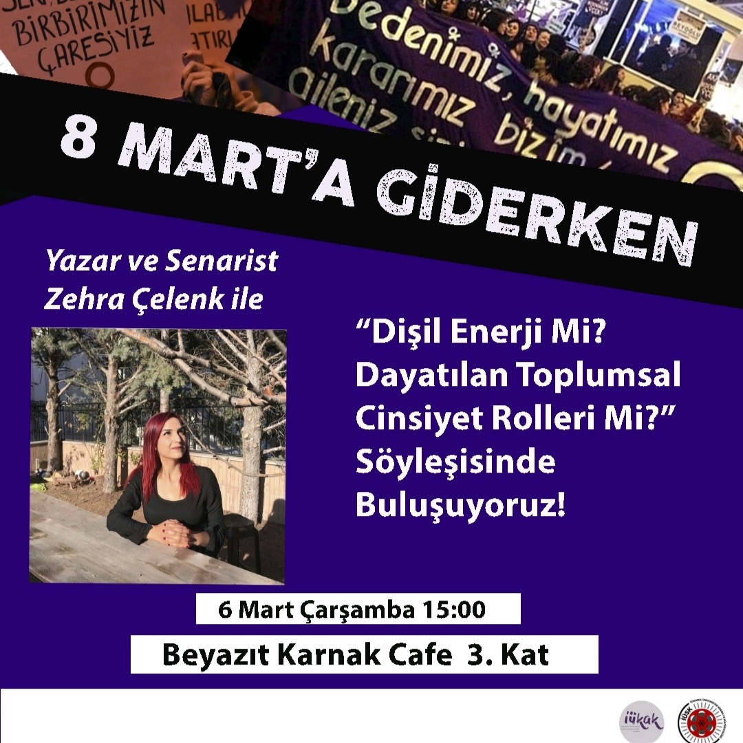 8 Mart'a giderken yazar ve senarist Zehra Çelenk ( <a href="/ZehraCelenk/">Zehra Celenk</a> ) ile "Dişil enerji mi, dayatılan toplumsal cinsiyet rolleri mi?" söyleşisinde 6 Mart Çarşamba günü saat 15.00'da Beyazıt'ta buluşuyoruz.

Etkinliğimize tüm kadınları bekliyoruz! ✨💜