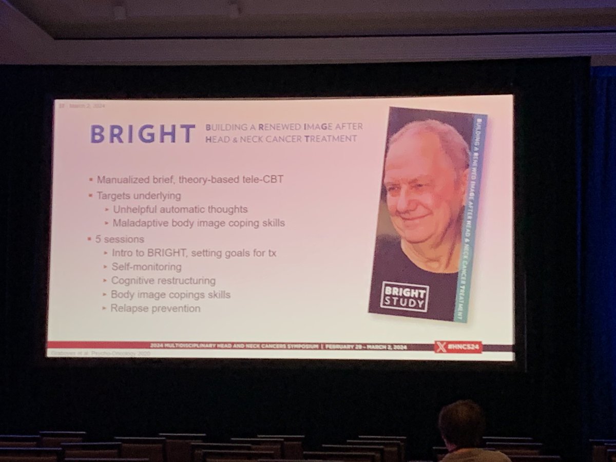 Final #HNCS24 session: Survivorship after #hncsm tx 

🔘Tx can > body image distress (BID)
🔘Managing body image concerns is most commonly omitted in survivorship 
🔘BID can be a long term issue 
🔘IMAGE-HN can be used to assess BID
🔘CBT is an emerging Tx