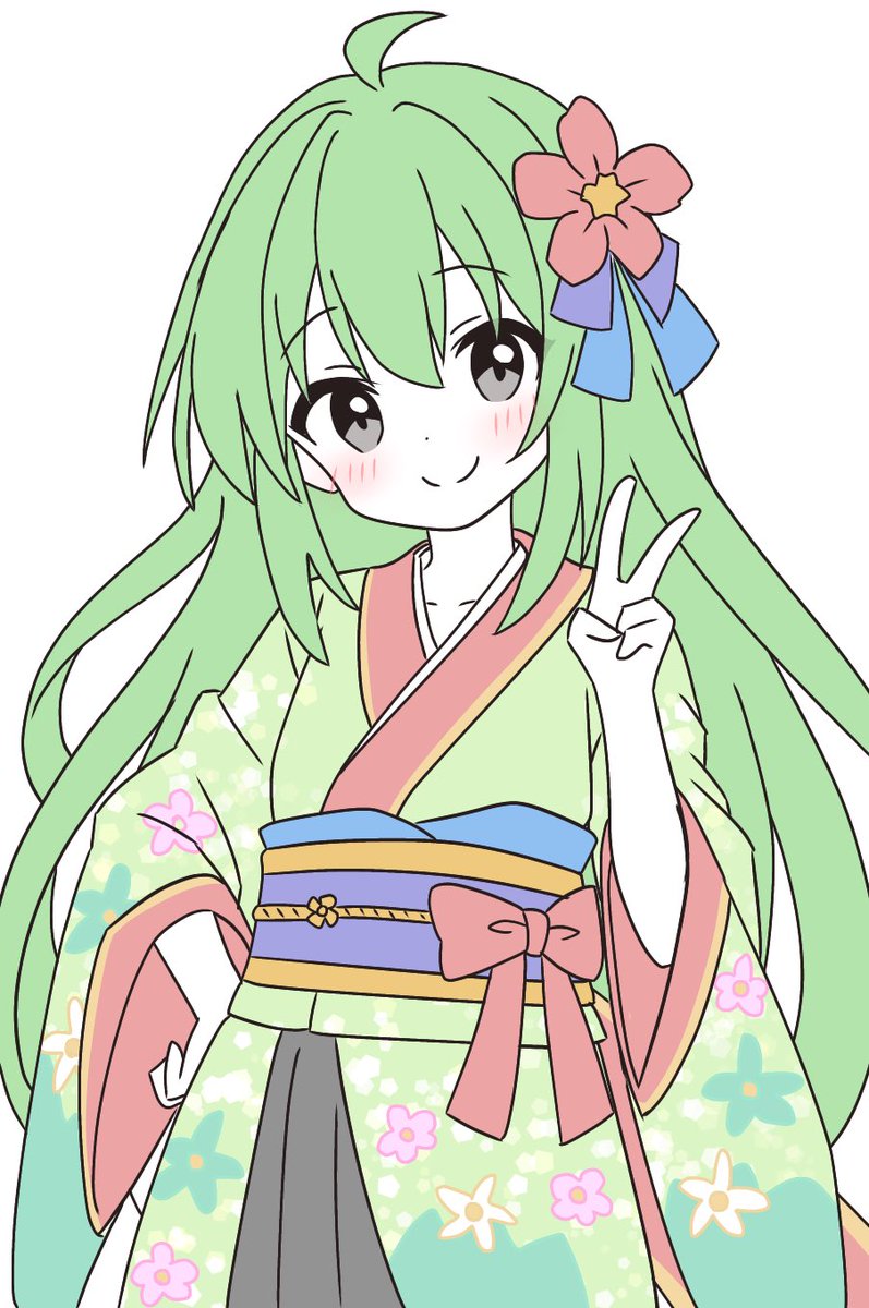 1girl green hair kimono japanese clothes solo long hair smile  illustration images