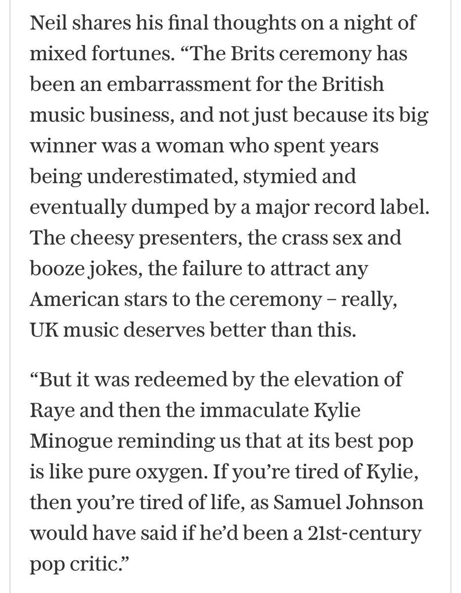 Great summary of the #brits from @neil_mccormick writing for the @Telegraph #KylieMinogue