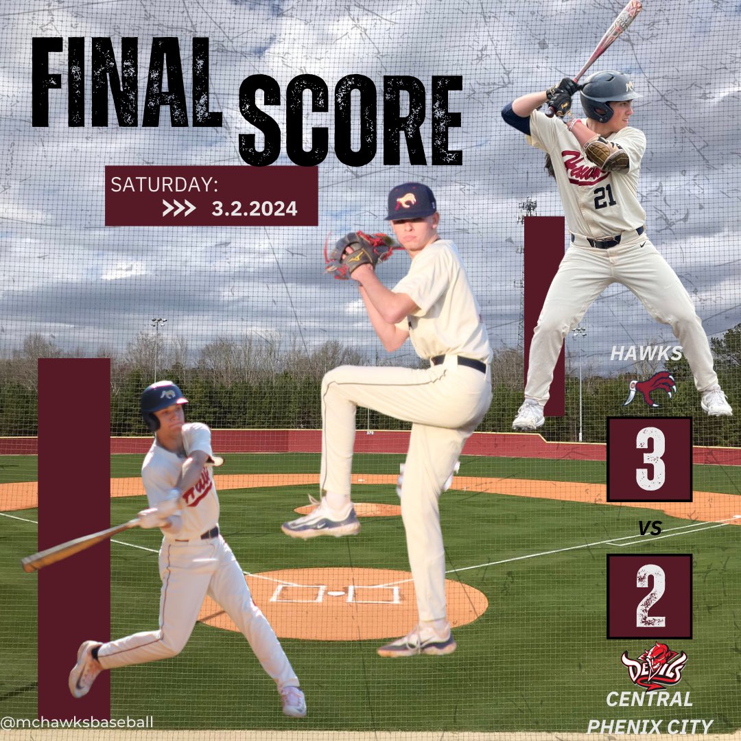 Hawks win against Central Phenix City!

Luke Pierce (3.1IP/1H/1R/0ER/1BB/2K), Victor Cisneros (1.2IP/1H/1R/0ER/1BB/1K), Daniel Pierce (1.2IP/1H/0R/0ER/1BB/2K) and Brandon Brown (1.1IP/1H/0R/0ER/0BB/1K) combine pitching while Walker Myhand (2H/2RBI) and
Brown led the offense.