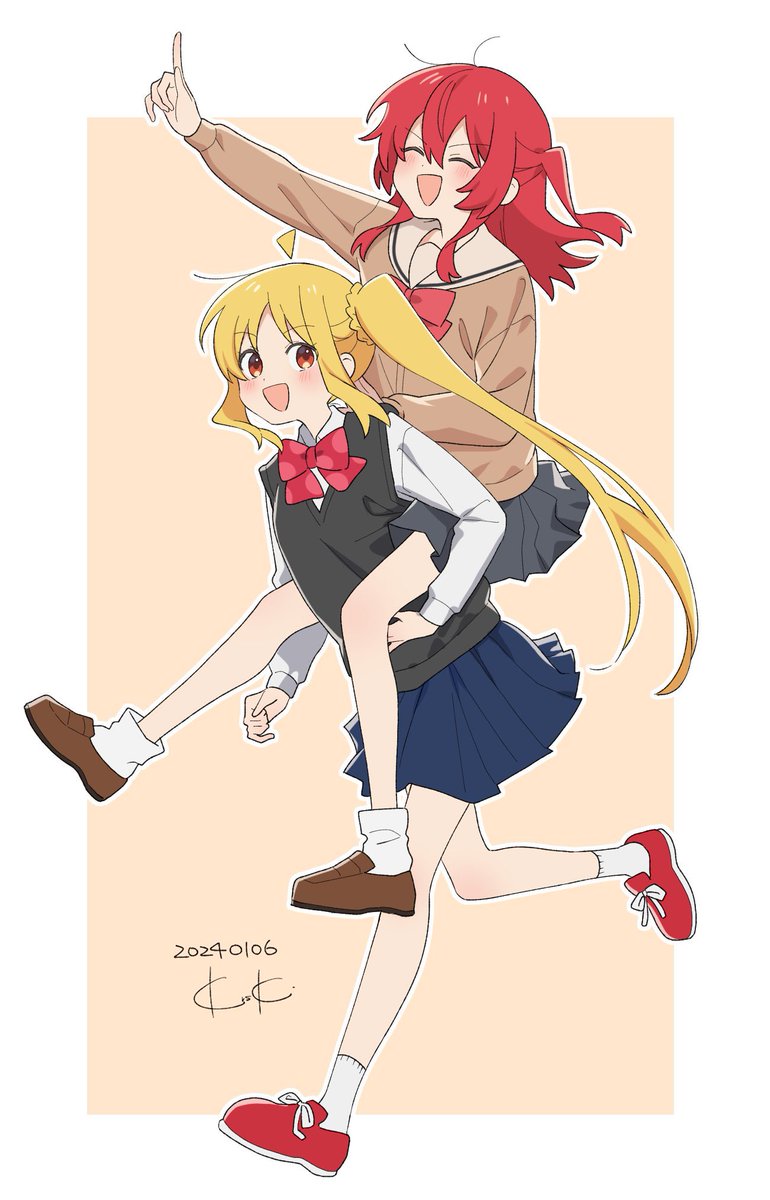 ijichi nijika ,kita ikuyo multiple girls 2girls blonde hair red hair school uniform skirt long hair  illustration images
