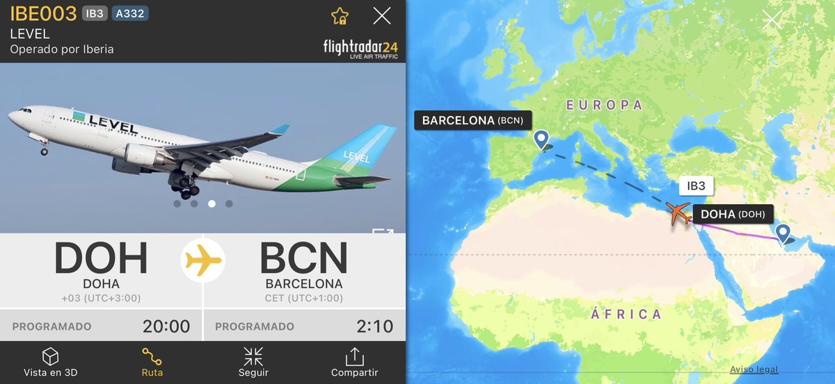novedadesaereas's tweet photo. ⚠️⚠️Ya en el aire el EC-NRH de #LEVEL volando entre Doha y #Barcelona con nuevos interiores. Las nuevas cabinas de LEVEL están siendo reconfiguradas para ofrecer 42 asientos Premium. https://t.co/S4WdB2oush