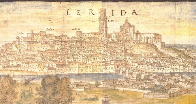 Este grabado es el primer dibujo detallado que se conserva de Lérida.

Su autor es el pintor Anton van den Wyngaerde y tituló su obra con el nombre de la ciudad en aquella época.

El grabado es de 1.563, un poco antes de que naciera Franco.