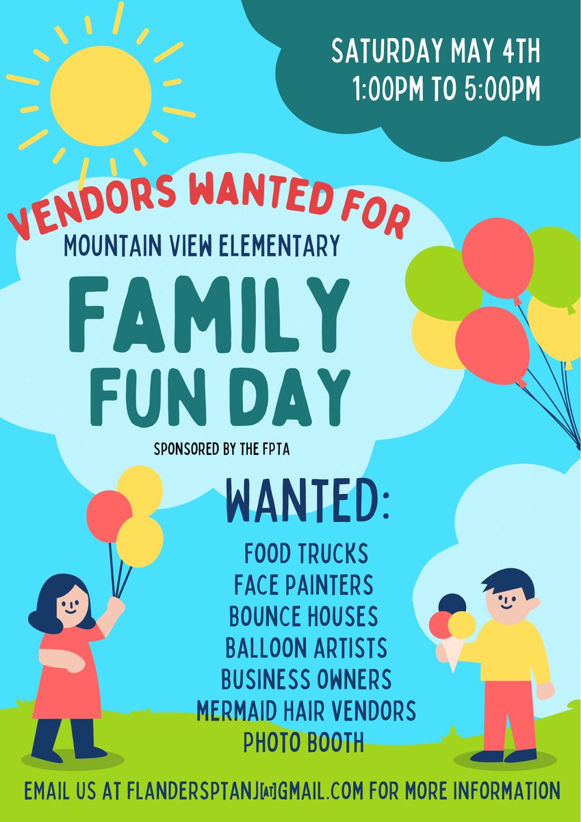 Flanders PTA (@flandersptanj) on Twitter photo Looking for Vendors for a family fun day event at Mountain View Elementary on May 4th ๐ฃ
Balloon animals, pony rides, face painting, bounce house, food trucks, etc.
Please share with a friend, family member, or small business that you know!
email us at FlandersPTANJ@gmail.com Looking for Vendors for a family fun day event at Mountain View Elementary on May 4th ๐ฃ
Balloon animals, pony rides, face painting, bounce house, food trucks, etc.
Please share with a friend, family member, or small business that you know!
email us at FlandersPTANJ@gmail.com