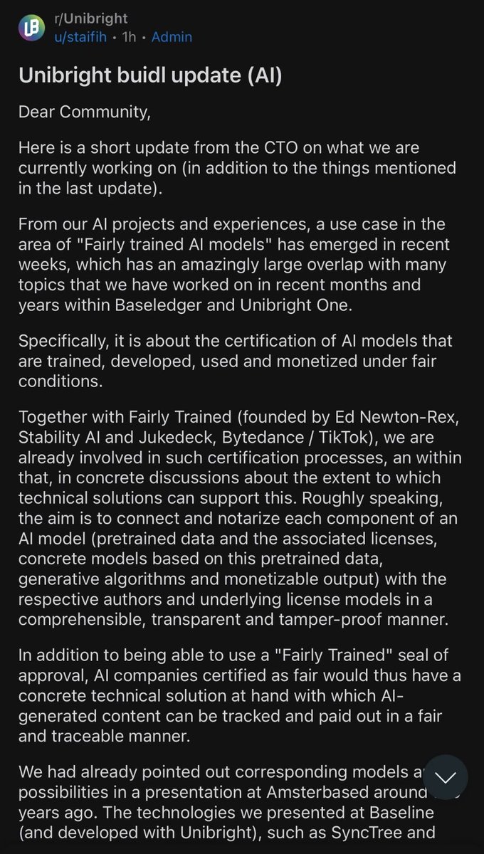 sabs_chris's tweet image. certifying #ai with #blockchain is the best use case for blockchain in 2024 going forward. 
@UnibrightIO
$UBT are leading that charge with Fairly Trained (Ed Newton-Rex, Stability Al, Bytedance / #TikTok)