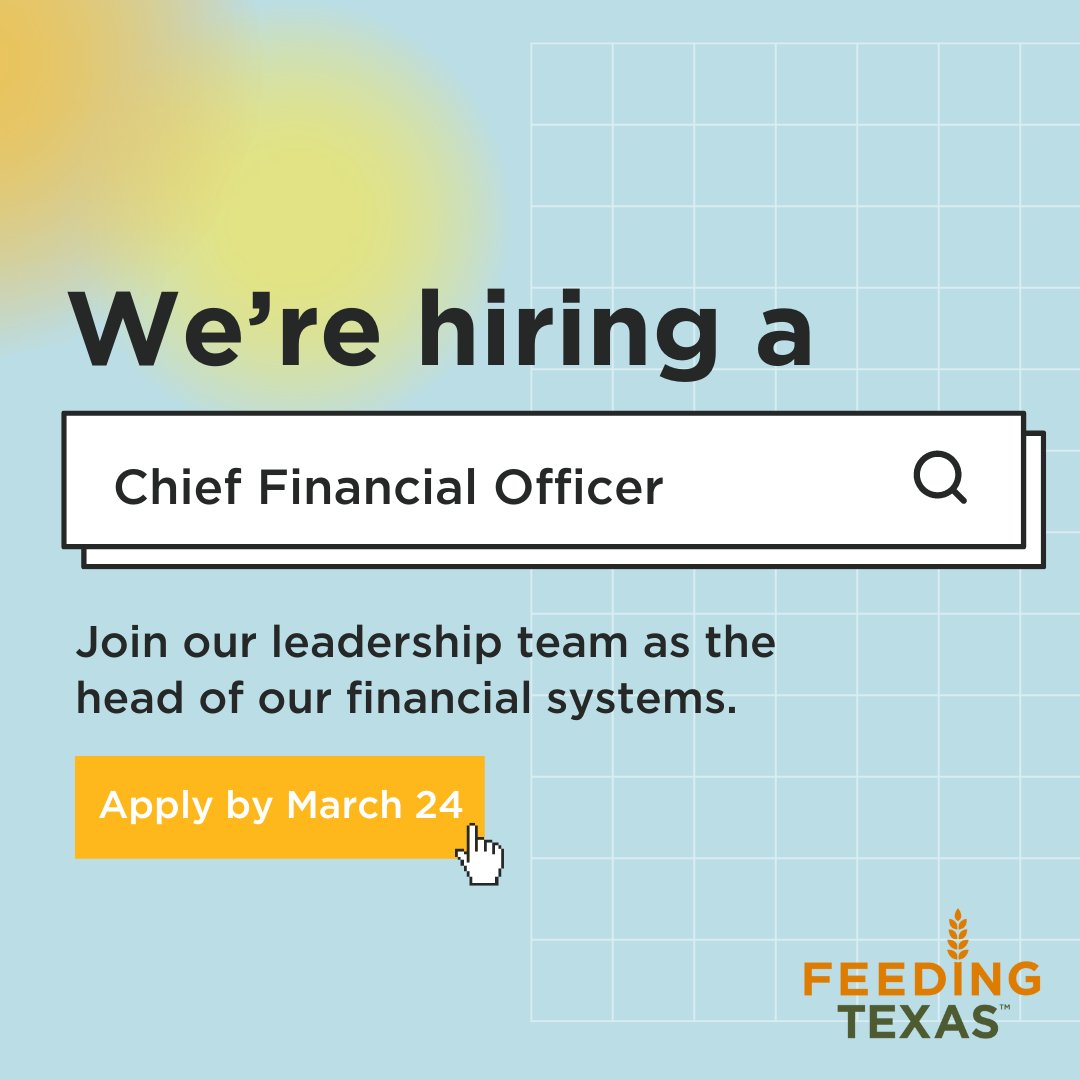 We're looking for a Chief Financial Officer! 📣 As CFO, you'll be a core part of our leadership team and manage our administrative, business planning, accounting, and budgeting efforts. Join our team and help fight hunger in Texas! Apply by March 24 at feedingtexas.org/about-us/jobs/