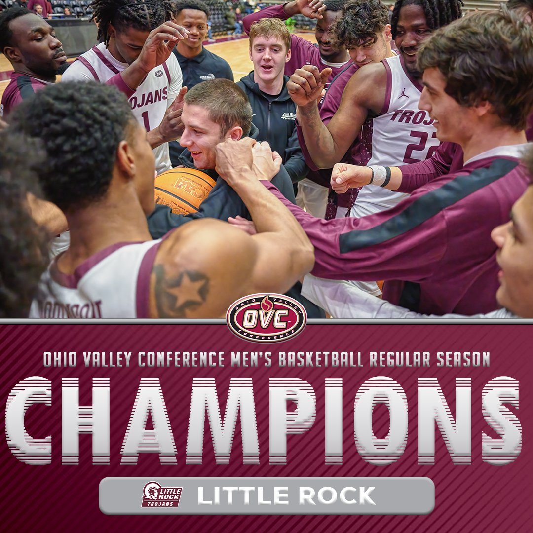 𝗥𝗘𝗚𝗨𝗟𝗔𝗥 𝗦𝗘𝗔𝗦𝗢𝗡 🏀 𝗖𝗛𝗔𝗠𝗣𝗜𝗢𝗡𝗦‼️ 🏆 @LittleRockMBB earns a share of the 2023-24 OVC Regular Season Championship. It is the first title for the Trojans who joined the league prior to the 2022-23 season. 🏆 #OVCit | #LittleRocksTeam