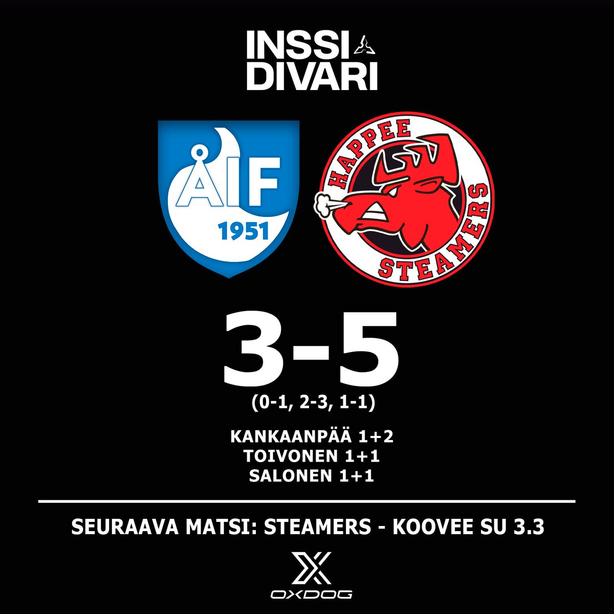 Tärkeät pisteet Sipoosta ja takaisin voittokantaan  💪

Huomenna jatketaan Palokassa Kooveeta vastaan klo 15:15

#salibandy #inssidivari #höyrystäjät #voitto #hirvirytke #oxdog
