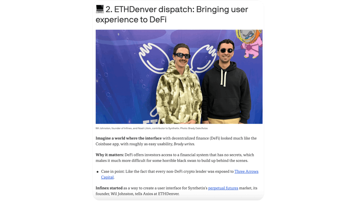 Thanks to @BradyDale from Axios for talking with @noahlitvin and @princebilby about Synthetix Perps and @infinex_app. Here are some key points: - Synthetix's Perps allows permissionless integration, with protocols adding advanced features. - Infinex is set to provide a login