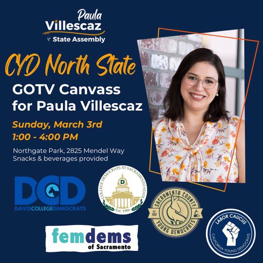 Our Young Dems Day of Action is tomorrow! Join #TeamPaula, <a href="/UCD_Democrats/">Davis College Democrats</a>, <a href="/femdems916/">Fem Dems</a>, <a href="/CSUSDems/">College Dems at Sac State (CDSS)</a>, <a href="/sacyoungdems/">Sacramento County Young Democrats</a>, and <a href="/CYDLabor/">CYD Labor Caucus</a> for a canvass of #AD06 voters! You can still join by RSVPing at the link in bio. Snacks and beverages will be provided!