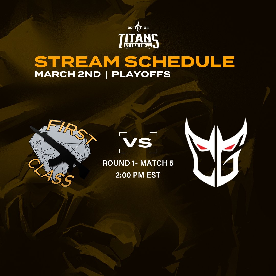 🚨First Play-Offs Match Day🚨

<a href="/FirstClassVAL/">First Class</a> Vs <a href="/CTCLYSM_GMNG/">Cataclysm Gaming</a>
Live right now - twitch.tv/titansoftierth…

Good luck to both teams!

#ClashOfTitans | #TITANSOFTIERTHREE | #VALORANT
