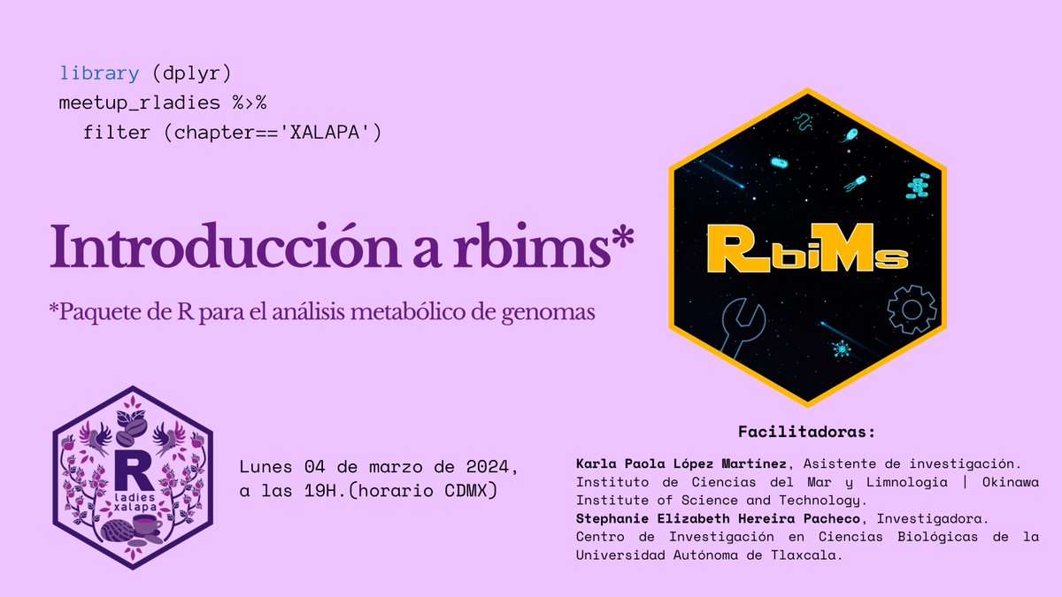 ¿Te interesa el análisis metabólico de genomas? 🧬 

📣 ¡No te pierdas esta sesión introductoria de la paquetería rbims en R, aun estás a tiempo de registrarte! 📣

📆 Lunes 04 de marzo, a las 19:00H.
🎟️ Evento en línea y gratuito

Registro: meetup.com/es/rladies-xal…
