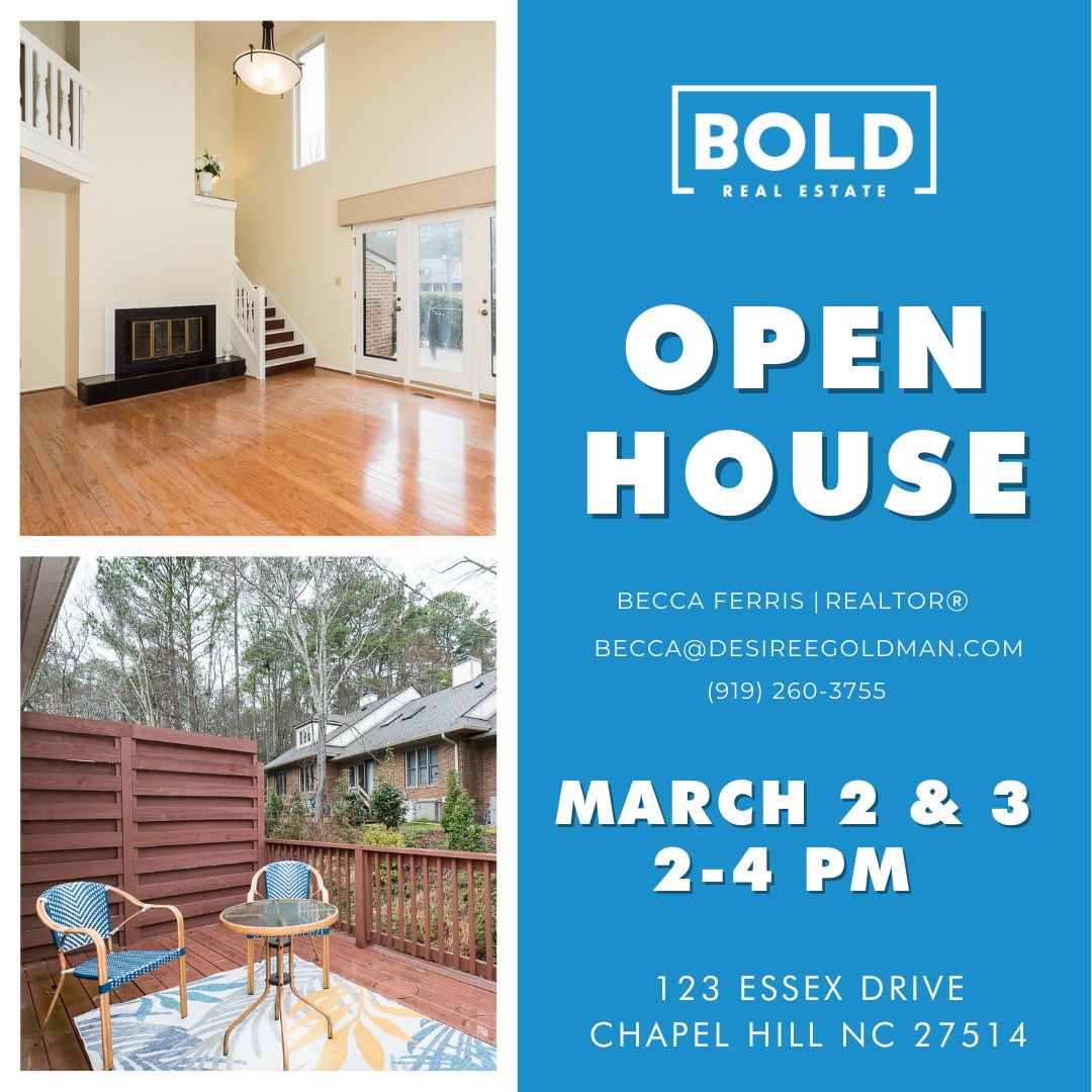 Come see us at our #OpenHouse Saturday and Sunday, 2-4 pm! 
.
.
.
#BoldRealEstate #ChapelHill #TriangleRealEstate #WelcomeHome #RTP #NewListing #ForSale #NorthCarolina #ChapelHillNC #ChapelHillRealEstate