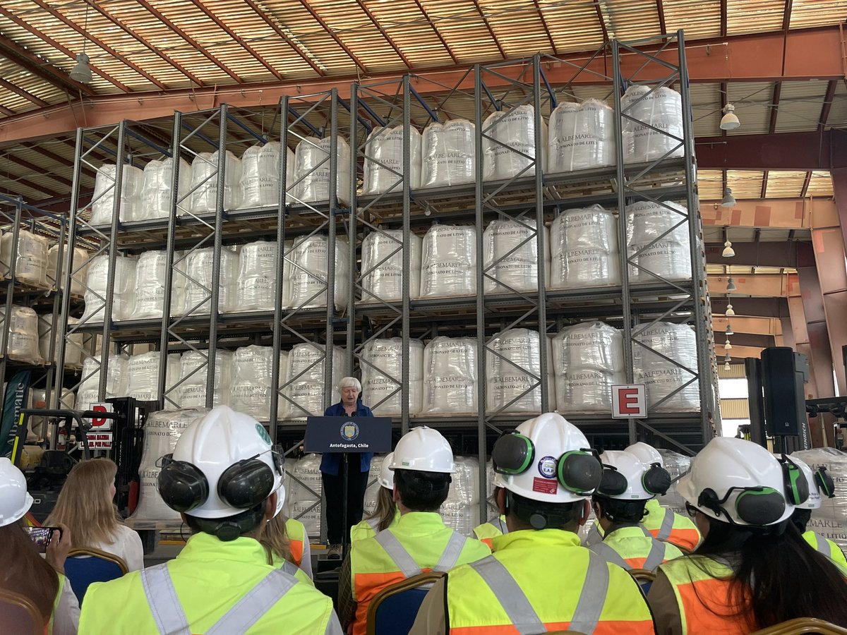 In remarks delivered in front of stacks of lithium carbonate at an Albemarle processing facility in Chile, @SecYellen is championing robust US relations with Chile