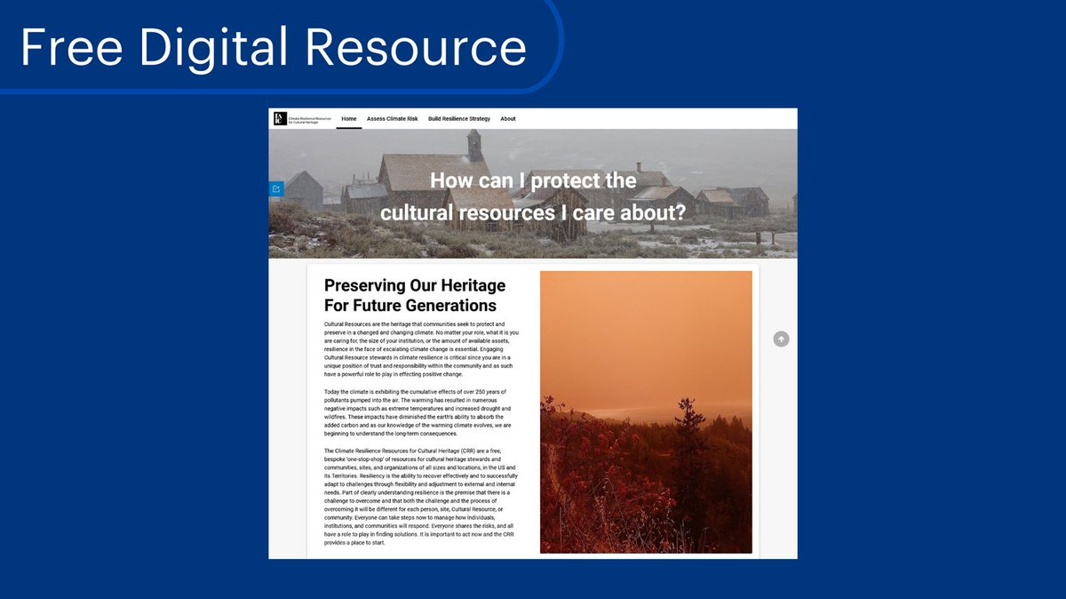 It's time for another free #DigitalResource of the month! From the FAIC (@conservators), Climate Resilience Resources for Cultural Heritage (CRR) is a free online toolkit to plan for climate change impacts and minimize damage from climate-related events gty.art/3wBagaW