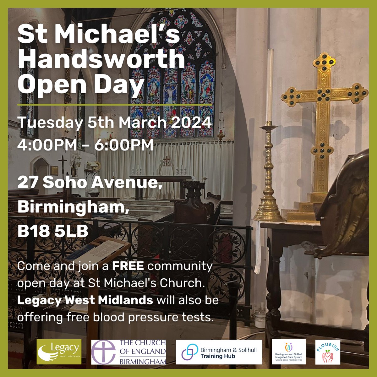 Come and join us for a FREE community open day at @churchofengland⛪️ on Tuesday 5th March from 4PM – 6PM where we will also be offering FREE #bloodpressure tests 💪🏽 📍27 Soho Avenue, Birmingham, B18 5LB All are welcome so please share! 😊👍🏽