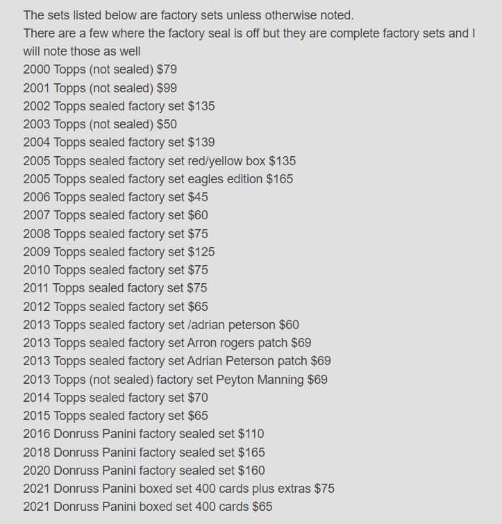 🏈Football sets for sale!🏈 Just picked up a huge collection of over 100 football sets! Below is pricing information for these sets from 1977 thru 2021. Email or phone Dave to reserve: gfg@gfg.com 1-310-471-1959 #topps #donruss #Panini #footballcards #sets #vintage #sportscards