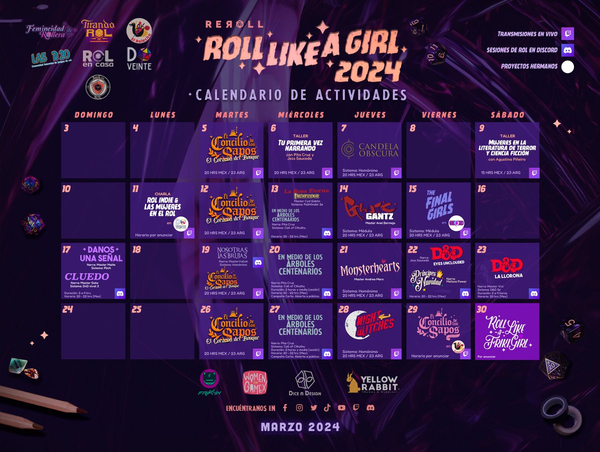 Presentamos el Calendario de Marzo con ROLL LIKE A GIRL🏃‍♀️ Un Evento enfocado a las chicas que juegan, narran y crean rol ✨ ⚡️Transmisiones en vivo, talleres, sesiones privadas para jugar y mucho más! ¡Rol para Todas! #rolllikeagirl #rolllikeagirl2024