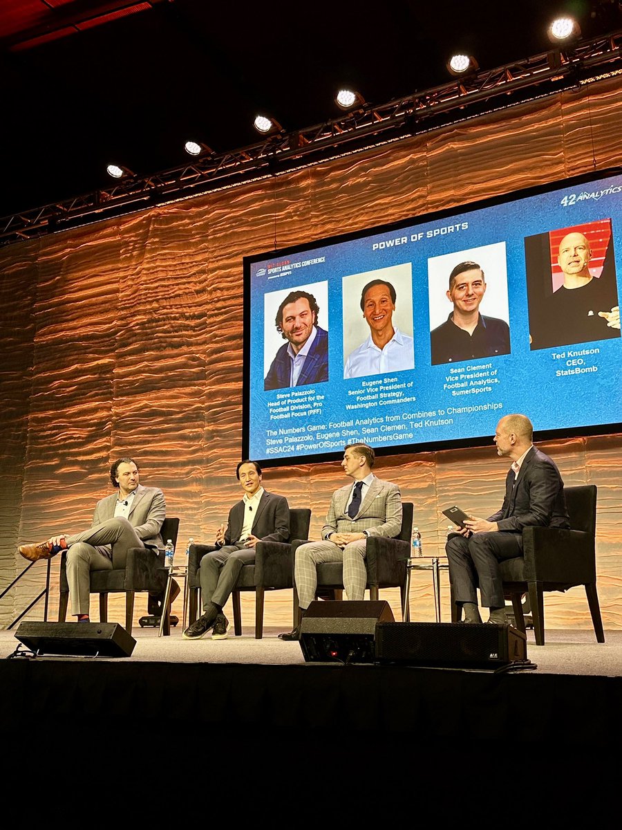 “The Numbers Game” is a deep dive discussion into the multi-faceted world of football analytics with @StatsBomb’s @mixedknuts, @PFF’s @PFF_Steve, the Washington @Commanders’s Eugene Shen, and @SumerSports’s @SeanfromSeabeck 🏈 #SSAC24 #PowerOfSports