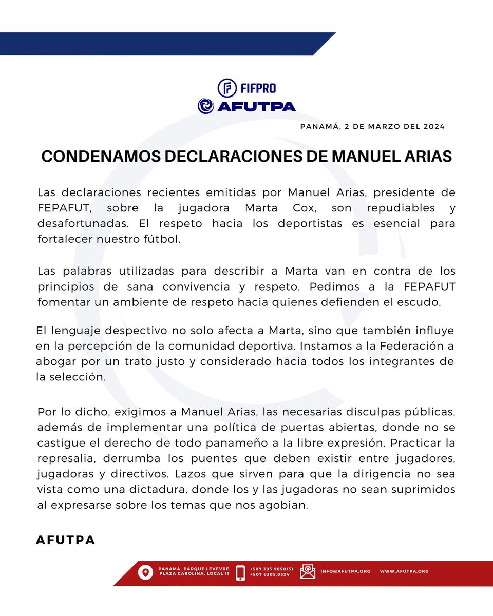 𝐂𝐎𝐌𝐔𝐍𝐈𝐂𝐀𝐃𝐎: 𝐂𝐎𝐍𝐃𝐄𝐍𝐀𝐌𝐎𝐒 𝐃𝐄𝐂𝐋𝐀𝐑𝐀𝐂𝐈𝐎𝐍𝐄𝐒 𝐃𝐄 𝐌𝐀𝐍𝐔𝐄𝐋 𝐀𝐑𝐈𝐀𝐒. 

Las declaraciones recientes emitidas por Manuel Arias, presidente de FEPAFUT, sobre la jugadora Marta Cox, son repudiables y desafortunadas. El respeto hacia los deportistas es