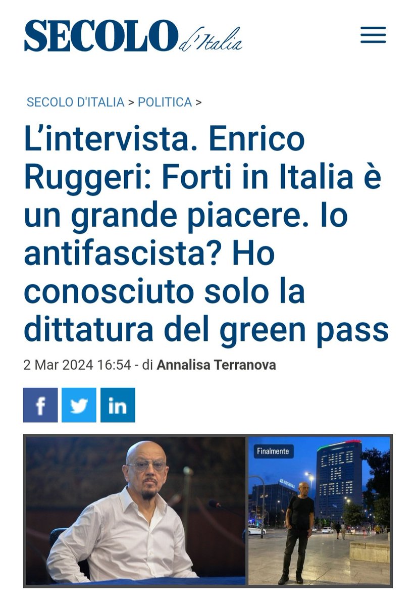 ENRICO RUGGERI 
Un grande artista,  ma soprattutto un grande uomo che ha il coraggio di esporre le sue idee"
<a href="/enricoruggeri/">Enrico Ruggeri</a> 👏🏻👏🏻👏🏻
" Oggi c’è la moda di chiedere anche ai cantanti di dichiararsi antifascisti o di cantare Bella ciao. Tu sei antifascista?"
"Io durante il fascismo