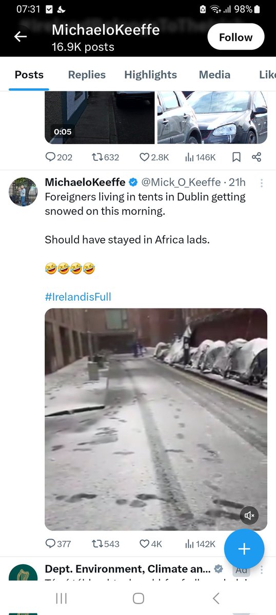 Sarah G (@sarahglennane) on Twitter photo Tweet from a twat. Mick aping UK racists again...mocking people forced to sleep in tents in snow. <a href="/Dept_ECC/">Dept. Environment, Climate and Communications</a> ad showing on timeline after, why are they spending money on this platform?. This is the guy <a href="/elonmusk/">Elon Musk</a> was reXing around Dublin riots 🤮
#irelandofthewelcomes Tweet from a twat. Mick aping UK racists again...mocking people forced to sleep in tents in snow. <a href="/Dept_ECC/">Dept. Environment, Climate and Communications</a> ad showing on timeline after, why are they spending money on this platform?. This is the guy <a href="/elonmusk/">Elon Musk</a> was reXing around Dublin riots 🤮
#irelandofthewelcomes